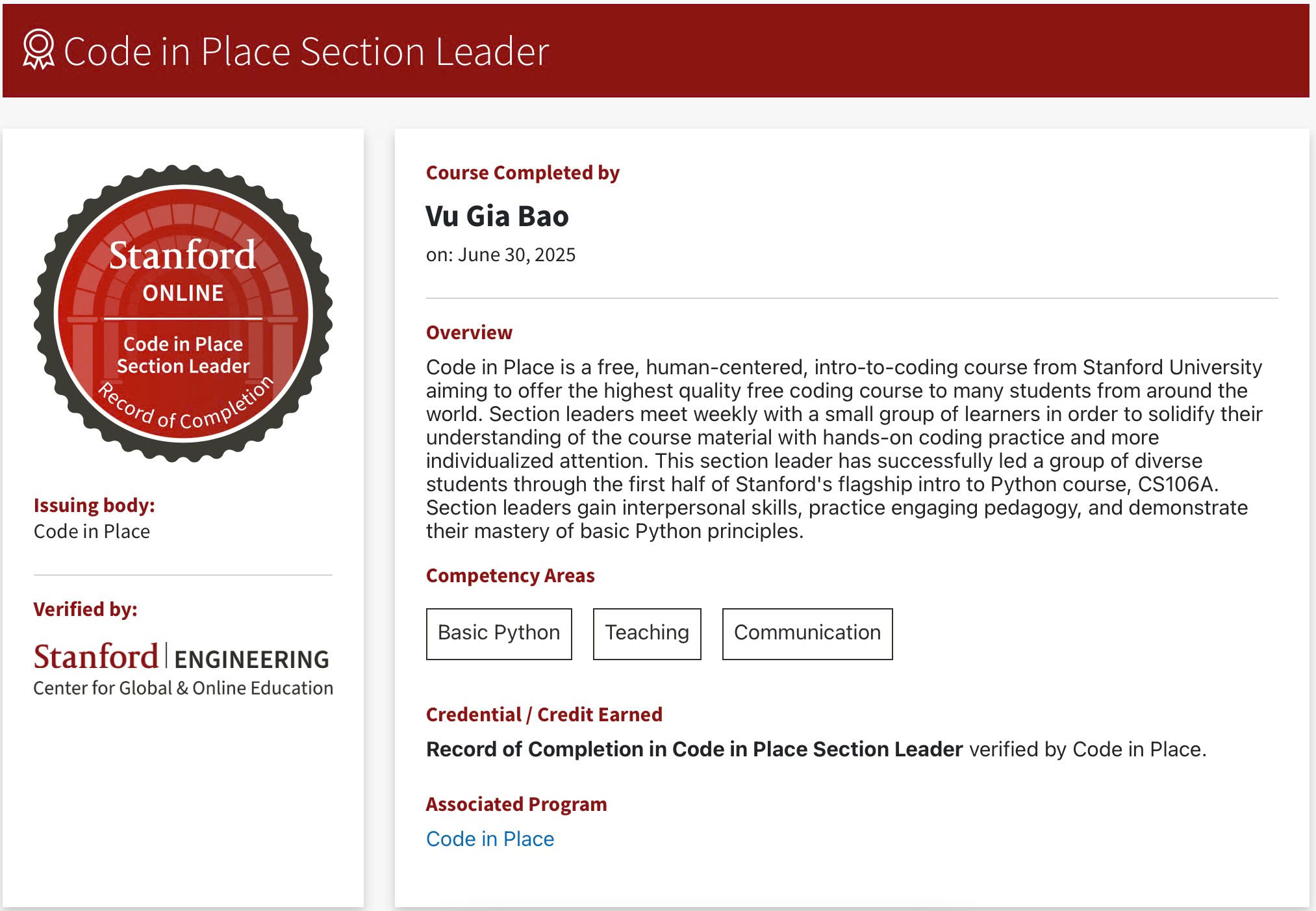Code in Place Section Leader